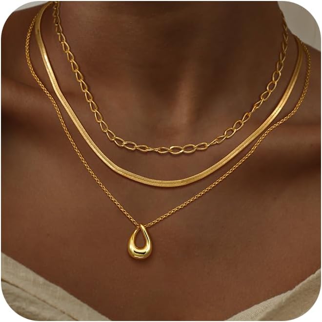 Christmas Gift 14k Gold/Silver Plated Layered Gold Necklaces for Women, 3Pcs Dainty Herringbone Choker Set, Trendy Stack Simple Chain Layering Pendant Jewelry