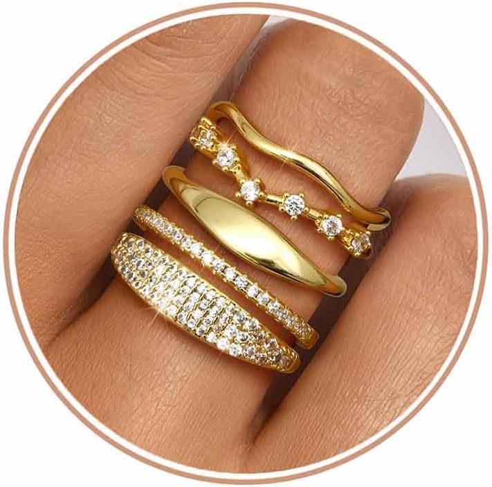 Gold Rings for Women Non Tarnish - 14K Gold Plated Stackable Rings Dainty Cubic Zirconia Stacking Thumb Ring Set Trendy Statement Promise Engagement Wedding Bands Rings for Women Size 6-10