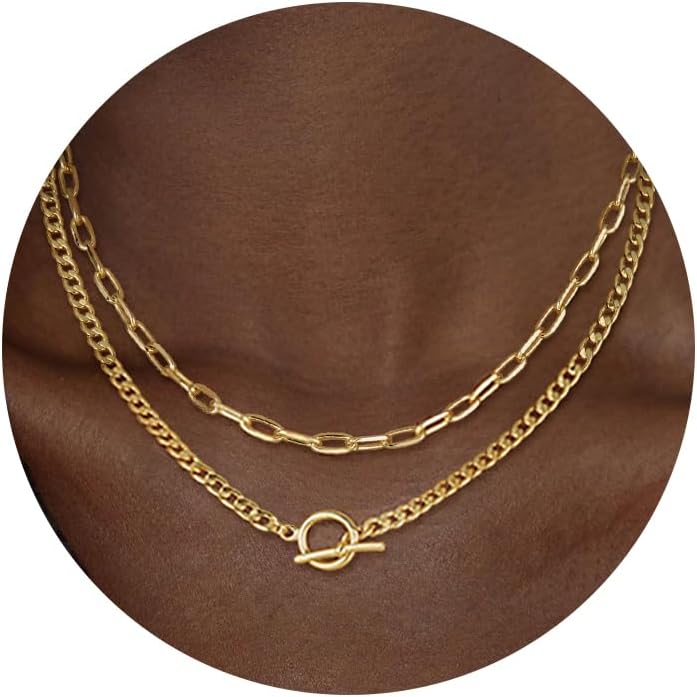 Gold Layered Necklaces for Women, 14K Gold Plated Chain Necklace Women Trendy Cuban Link Paperclip Chain Toggle Clasp Necklace Fashion Chunky Jewelry for Women
