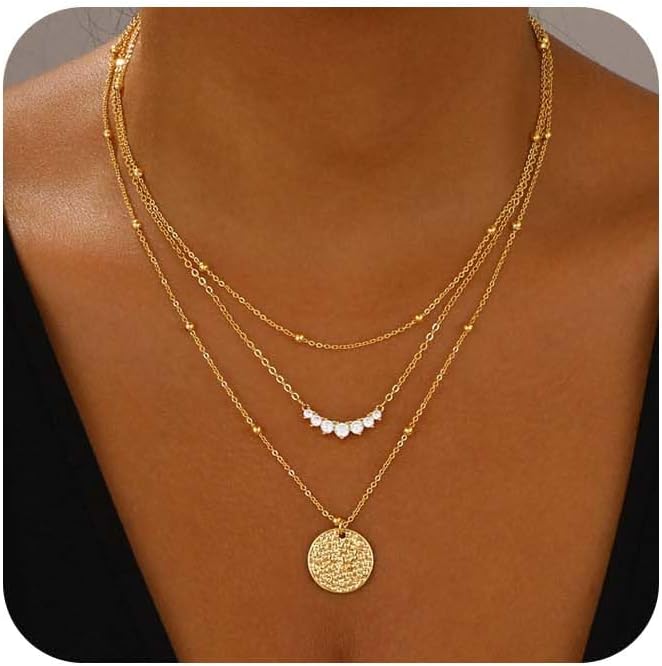 Layered Gold Necklaces for Women Stackable Dainty 14K Gold Plated Silver Chain Necklace Layering Cute Fashion Pendant Choker Necklaces Trendy Jewelry Set Gifts for Women