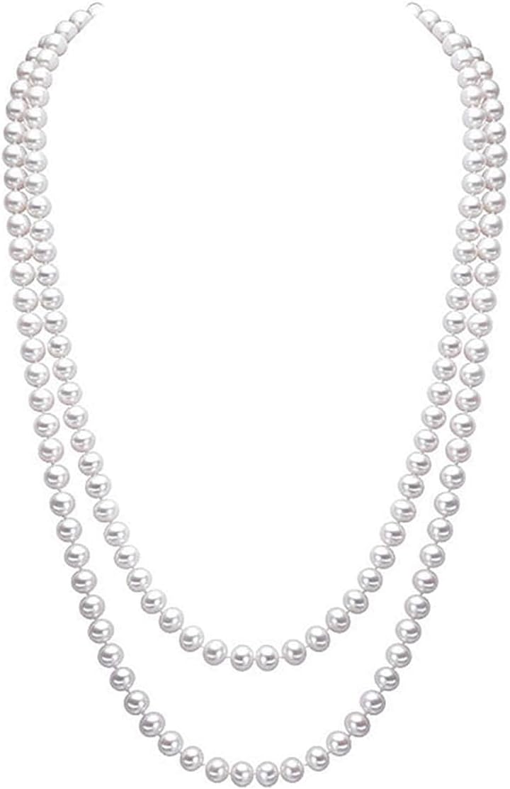 Elegant Women Lady Long White Sweater Created Pearl Necklace Beaded necklace