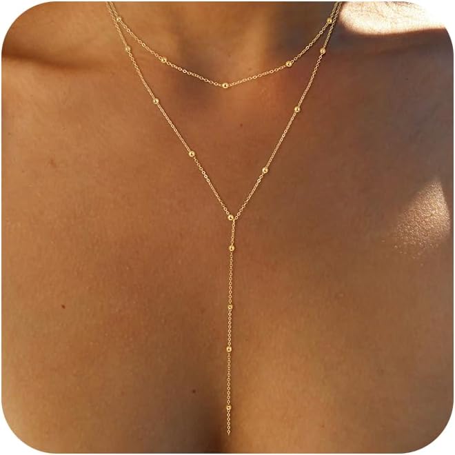 Gold Necklace for Women, Dainty Long Necklace 14k Gold Plated/Silver Y-Shaped Pendant Necklace Trendy Layered Cz Beaded Chain Drop Necklaces Simple Gold Jewelry For Women Gift