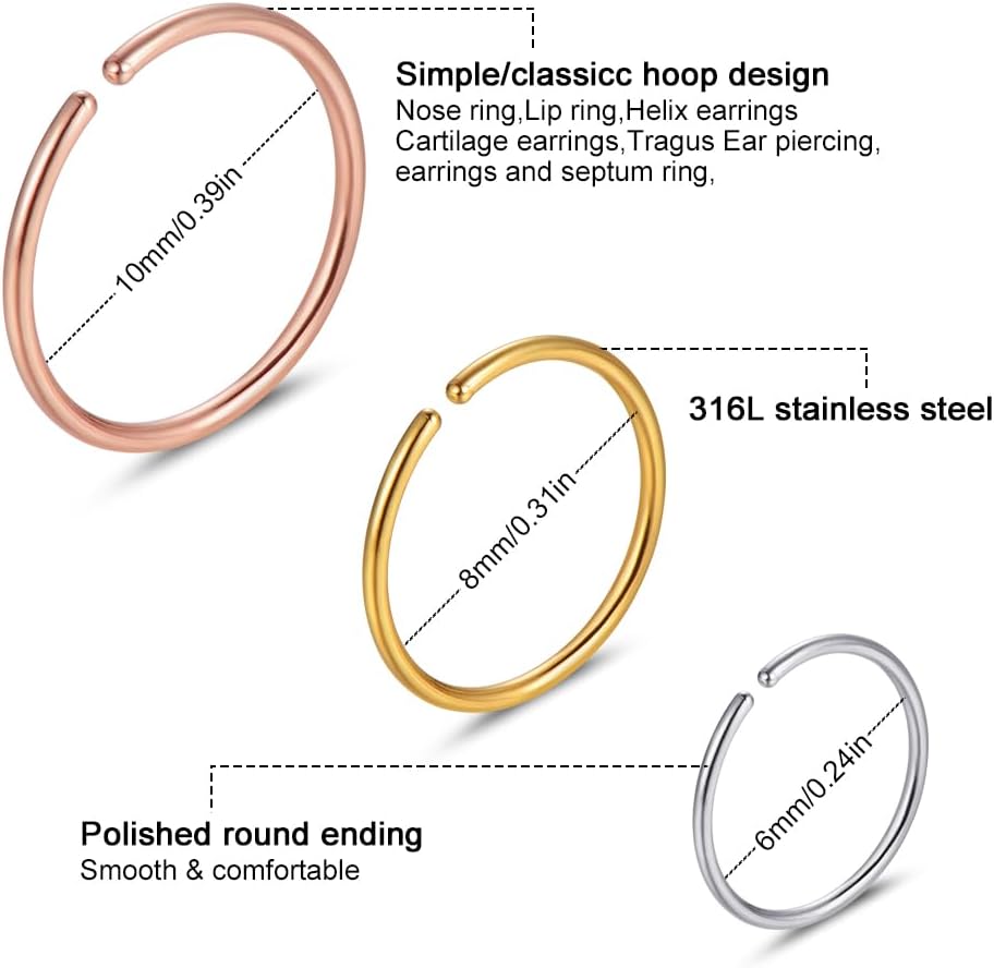 Stainless Steel Hoop Nose Ring Cartilage Ring Set 6 Color Set for Men and Women - Image 2