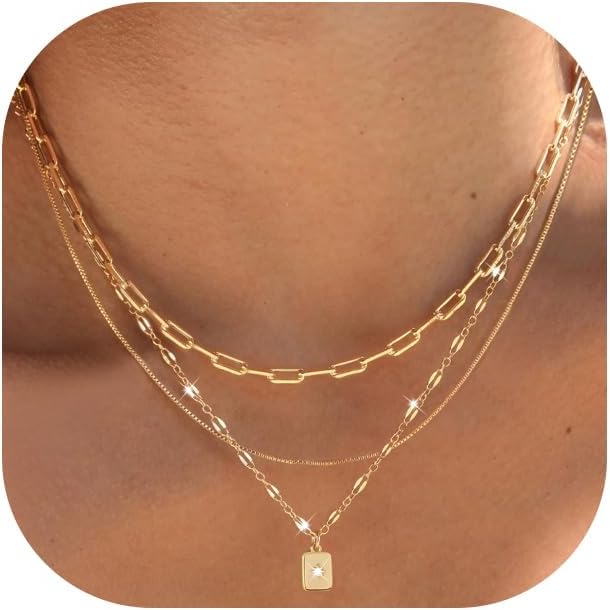 Layered Gold Necklaces for Women Trendy, 3 Pcs 14K Gold Plated Choker Paperclip Box Chain Necklace, Stackable Women's Gold Pendant Necklaces Jewelry Set