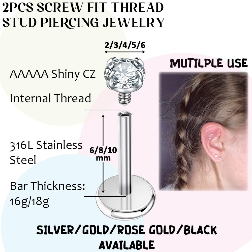 16g/18g Surgical Steel Internal Thread CZ Stud Piercing Jewelry for Tragus/Nose/Helix/Conch/Medusa/Lip/Labret - Helix Tragus Cartilage Earring for Women Men 2PCS - Image 2