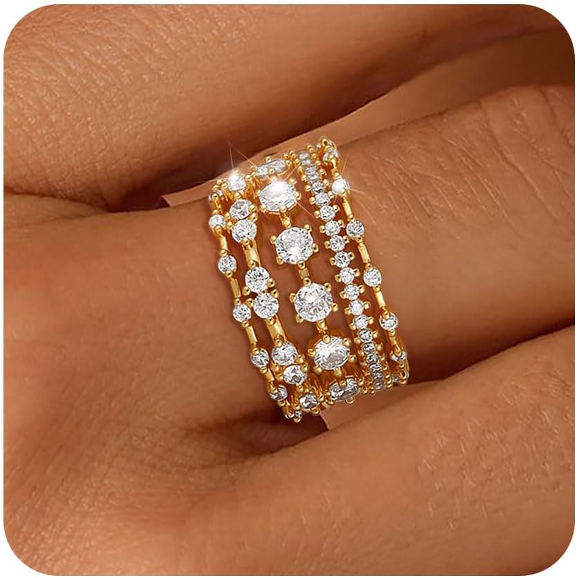 Stackable Silver Gold Rings for Women Non Tarnish 14K Gold Plated Thumb Cubic Zirconia Rings for Women Dainty Pinky Promise Wedding Ring Set Women's Engagement Eternity Band Rings Gold Jewelry