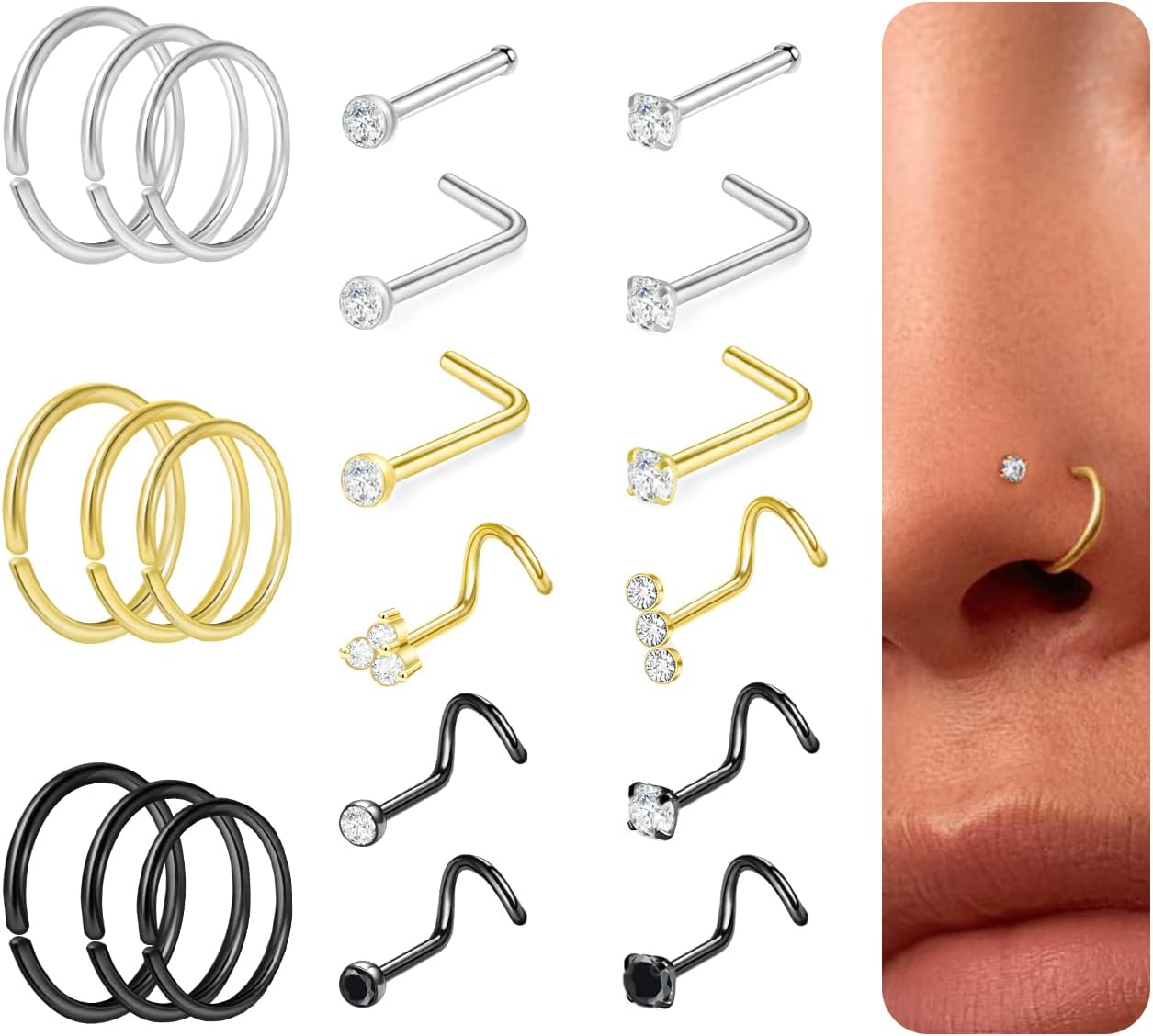 21Pcs Titanium Nose Ring Studs Set | Hypoallergenic 2mm CZ Nose Stud Rings for Women Men 6/7/8mm Hoop Nostril Piercings in Gold, Rose Gold, Silver, Black L-Shape Corkscrew Nose Piercing Jewelry