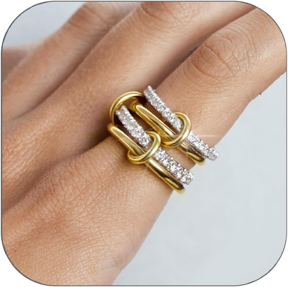 Gold Stackable Rings for Women Non Tarnish, 18k Gold Plated Cubic Zirconia Rings, Silver Gold Multi Ring Mixed Metals Stack Rings Set