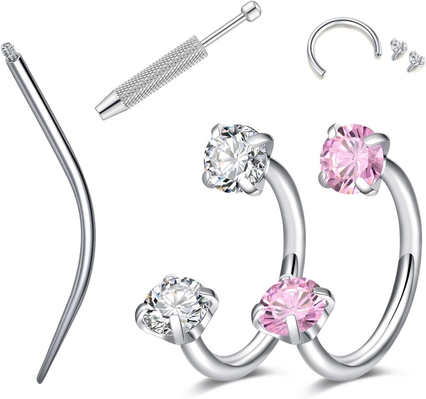 18G 20G Horseshoe Nose Rings Studs,Surgical Steel Nose Ring Pink Cubic Zirconia Nose Piercing,Internally Threaded Nose Rings For Women,Pink and Silver Zirconia