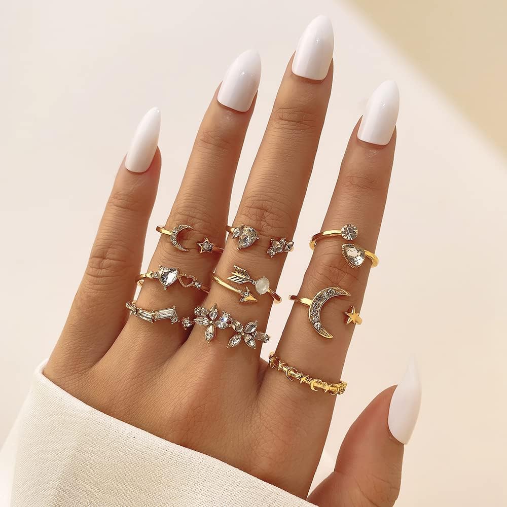 Golden Stackable Moon Star Knuckle Rings Set for Women, Boho Dainty Lightweight Stacking Rings, Vintage Midi Rings Pack, Trendy Jewelry - Image 2