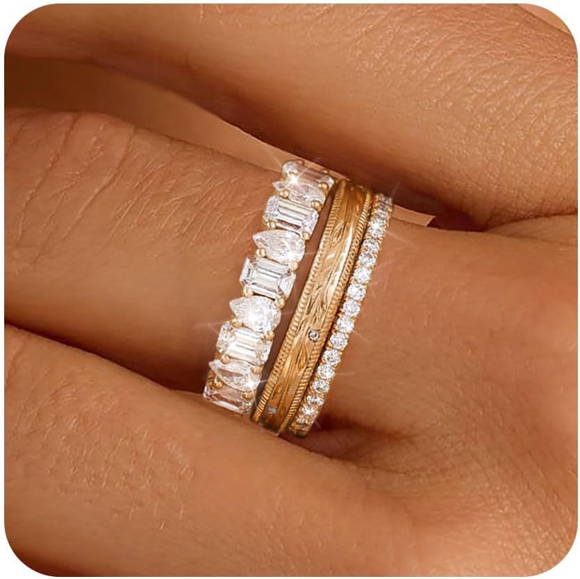 Stackable Gold Rings for Women Non Tarnish Chunky 14K Gold Plated Rings that Don't Tarnish Engagement Cubic Zirconia Ring Set Stack Dainty Pinky Wedding Bands Thumb Rings Gold Jewelry Size 6-11