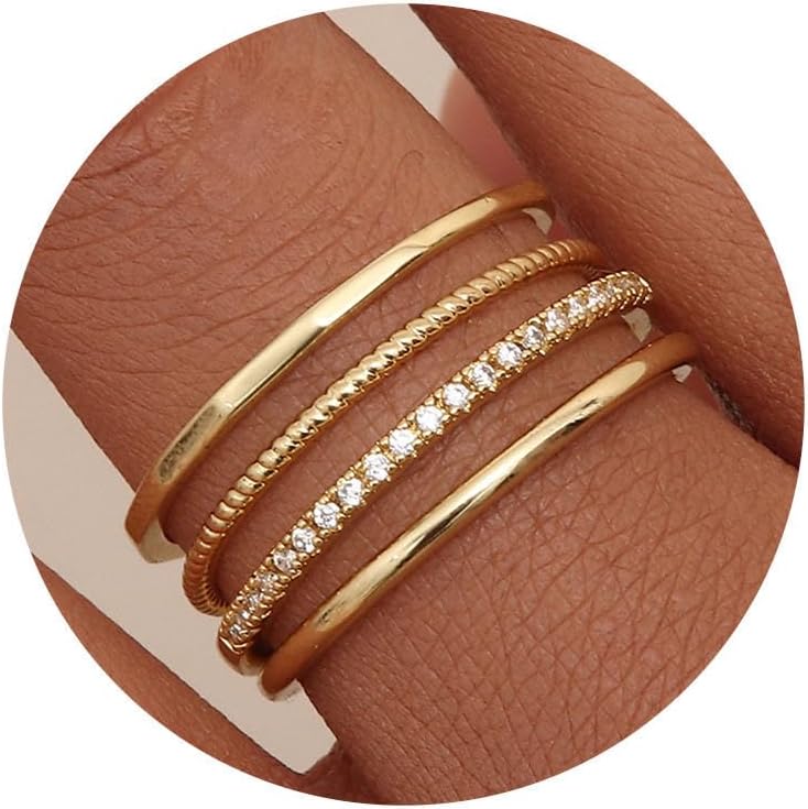 14K Gold Plated 1.3mm Thin Stackable Rings for Women - Minimalist Non Tarnish Half Cubic Zirconia Band Rings - Dainty Trendy Statement Stacking Rings Set Size 5-10