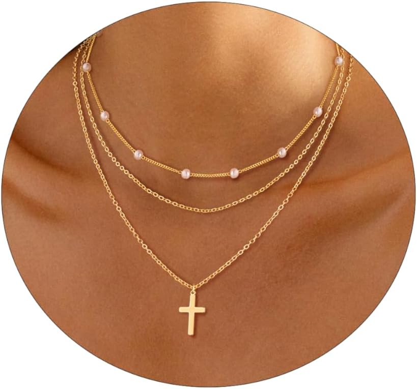 Layered Necklaces for Women Dainty Gold Necklace 14K Gold Plated Herringbone Necklace for Women Pearl Cross Necklace Paperclip Cuban Figaro Rope Satellite Chain Gold Choker Trendy Jewelry Gift