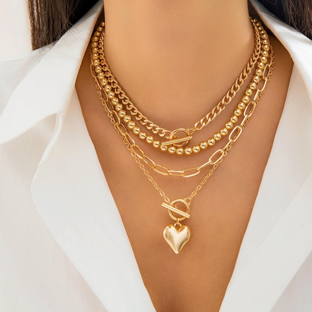 Layered Necklace for Women Non Tarnish Chunky Necklace Stack for Women Paperclip Chain Necklaces Retro Coin Medallion Heart Pendant Necklaces Chunky Jewelry Set - Image 2