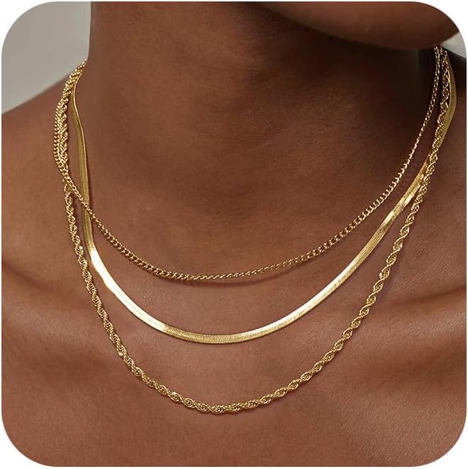 Herringbone Necklace for Women,Dainty Gold Necklace,14k Gold Plated Snake,Gold Chain Choker Necklaces,Simple Gold Layered Necklaces,Gold Jewelry Gift for Women