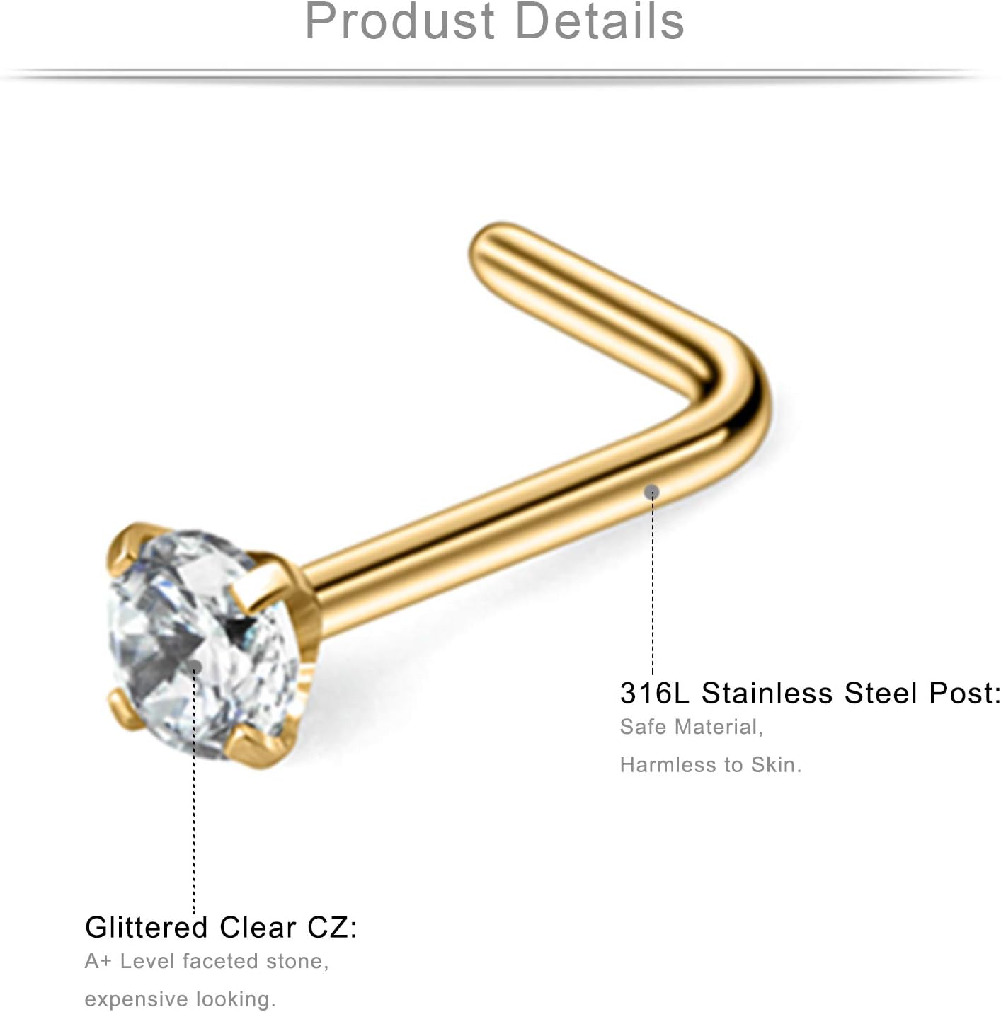 20G 1.5mm 2mm 2.5mm 3mm 3.5mm 4mm Opal Clear Diamond CZ Nose L Shaped Studs Rings Piercing Jewelry 4-20PCS - Image 2