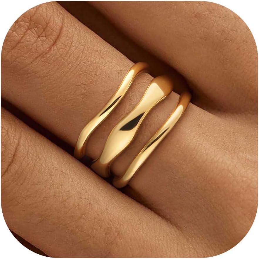Gold Rings for Women Non Tarnish Dainty 14K Gold Plated Wavy Stackable Gold Ring Set Fashion Chunky Thumb Rings for Women Waterproof Statement Minimalist Cubic Zirconia Jewelry Gift Size 6-10