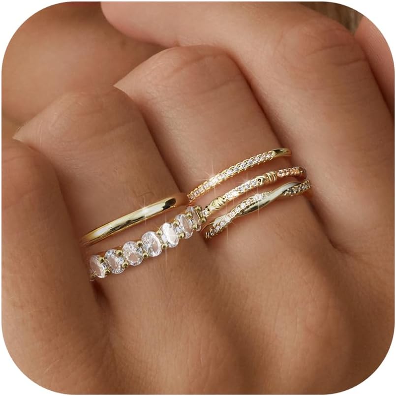 5PCS Stackable Gold Silver Rings for Women, Non Tarnish Dainty Cubic Zirconia Rings, 14K Gold Plated Minimalist Wedding Band Rings Set, Trendy Statement Stacking Rings Size 5-10