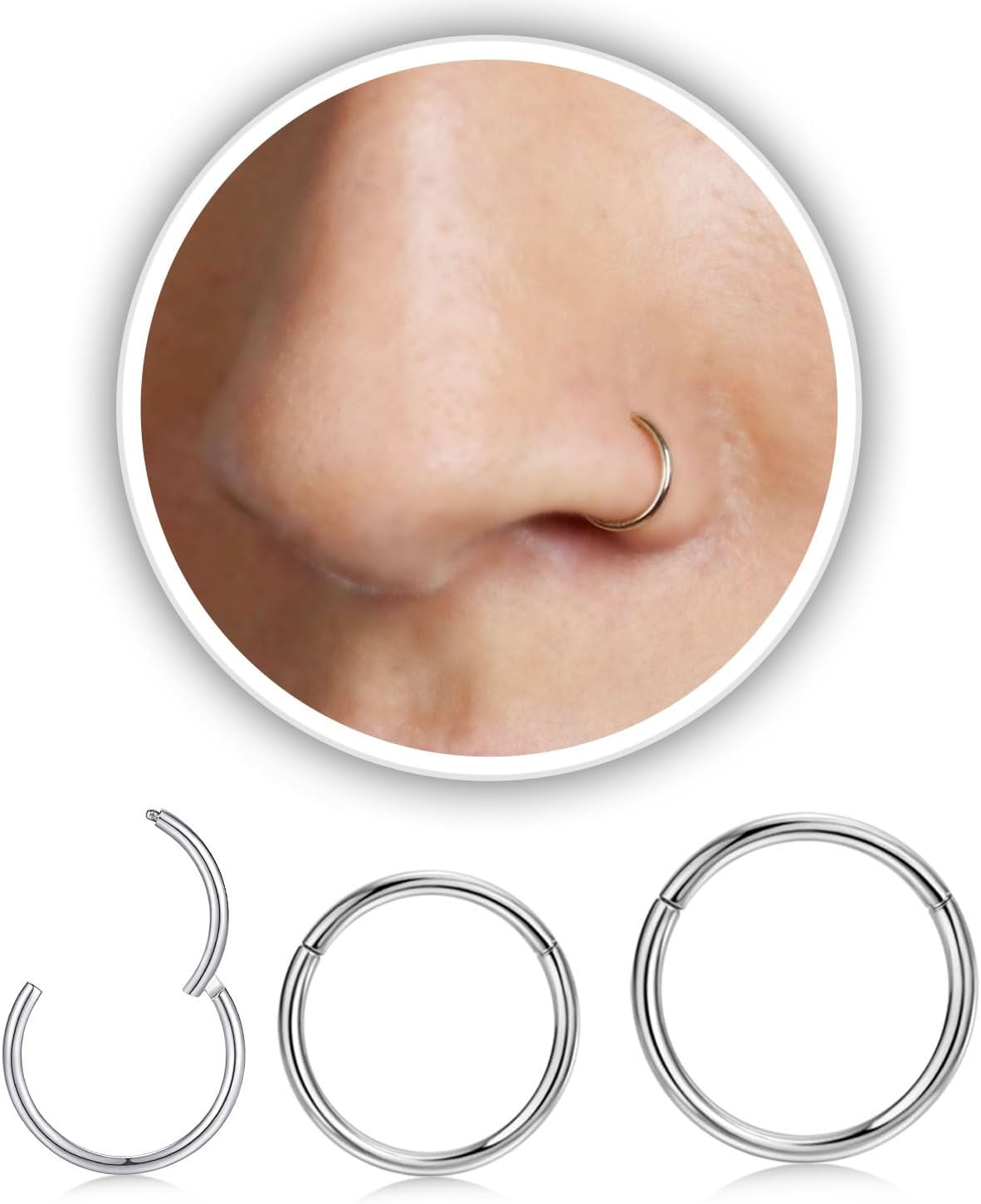 Nose Rings Hoops - Men Women 316L Surgical Steel Hinged Nose Rings Hoop for Nostril Septum Cartilage Helix Daith Tragus Rook Conch Lip Ear Lobe Piercings