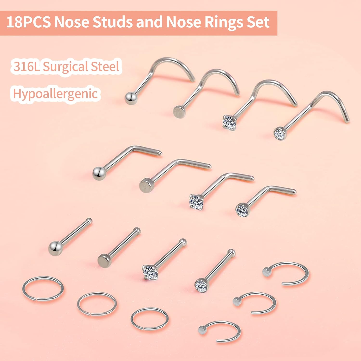 Surgical Steel Nose Piercing Jewelry - 20G & 18G Nose Rings & Studs, Hoops 8mm-12mm, CZ Diamond 1.5mm-3mm, L-Shaped & Hoop Styles for Women & Men - Image 2