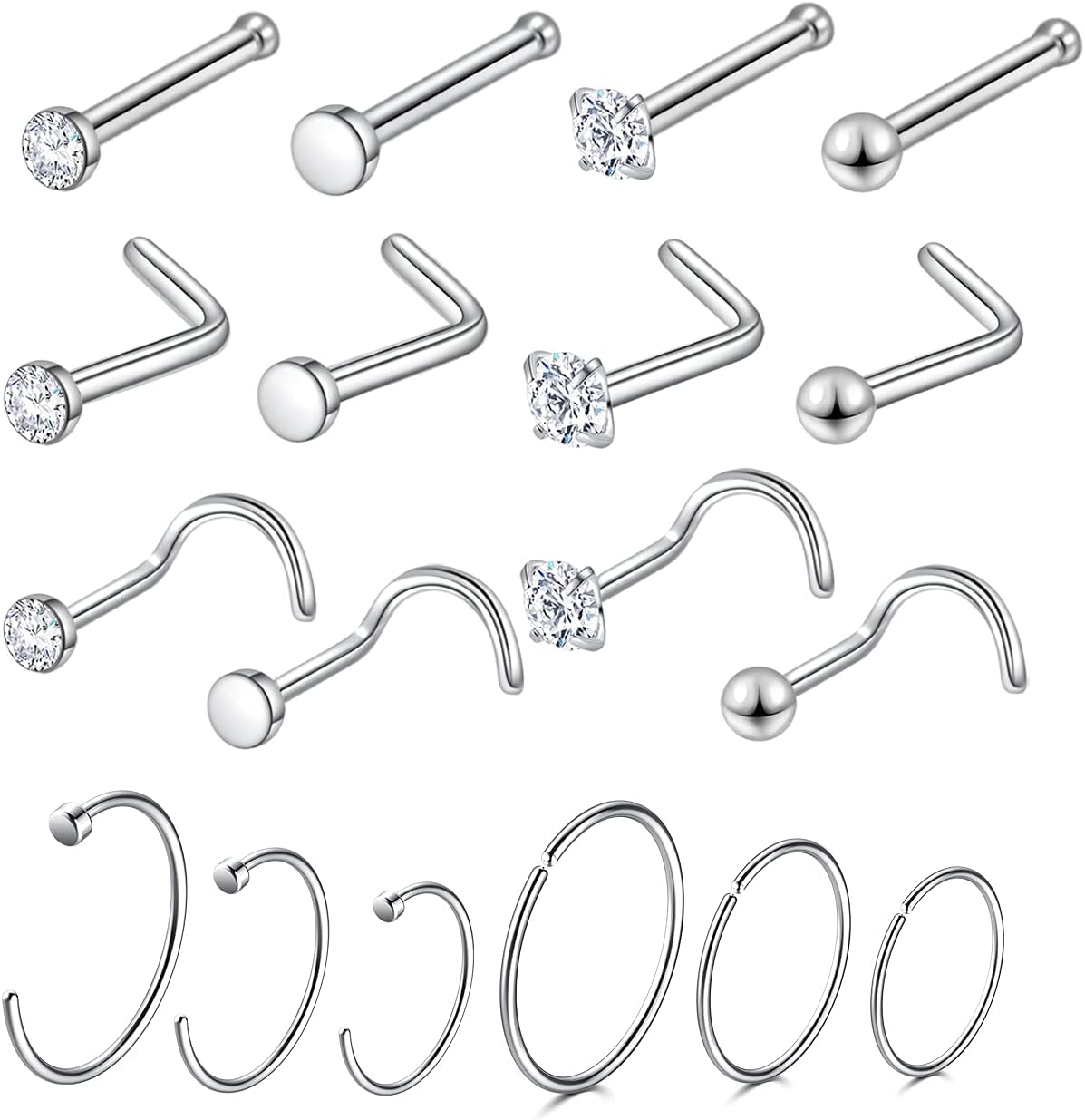 Surgical Steel Nose Piercing Jewelry - 20G & 18G Nose Rings & Studs, Hoops 8mm-12mm, CZ Diamond 1.5mm-3mm, L-Shaped & Hoop Styles for Women & Men