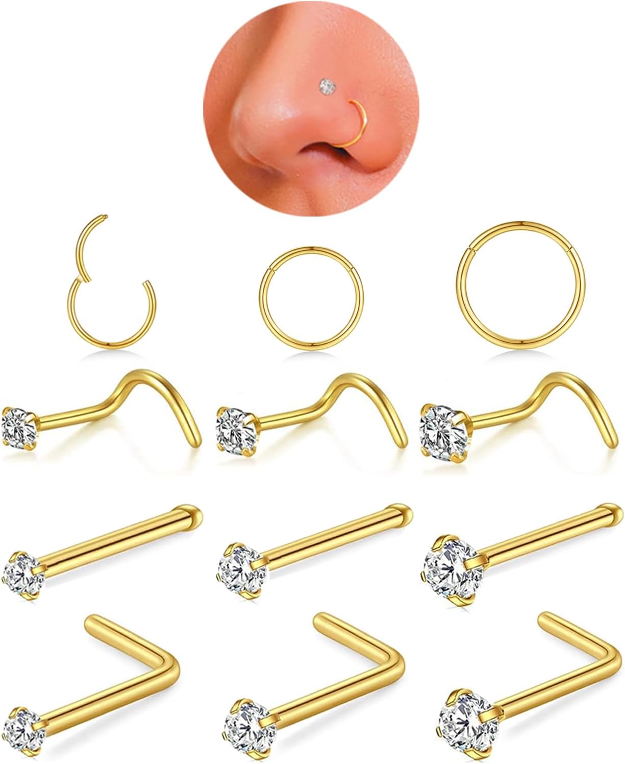 18g Nose Rings Hoop and 20g Nose Studs Sets for Women Men,Hypoallergenic 316L Surgical Stainless Steel Hinged Clicker Segment Nose Rings Hoop Helix Cartilage Daith Tragus Sleeper Earrings Silver Gold Black L Shape/Corkscrew/Straight Nose Studs Real Body Piercing Jewelry