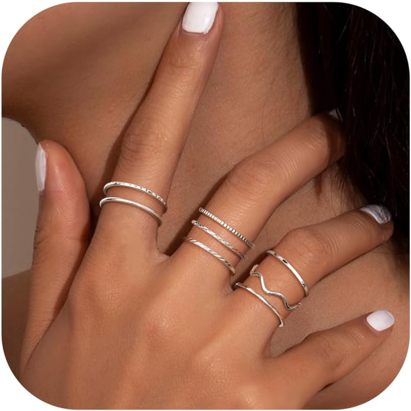 8Pcs 1mm Stainless Steel Rings for Women Men Fashion Plain Band Knuckle Stacking Midi Thumb Dainty Thin Rings Set Size 5-10 Silver Gold Tone