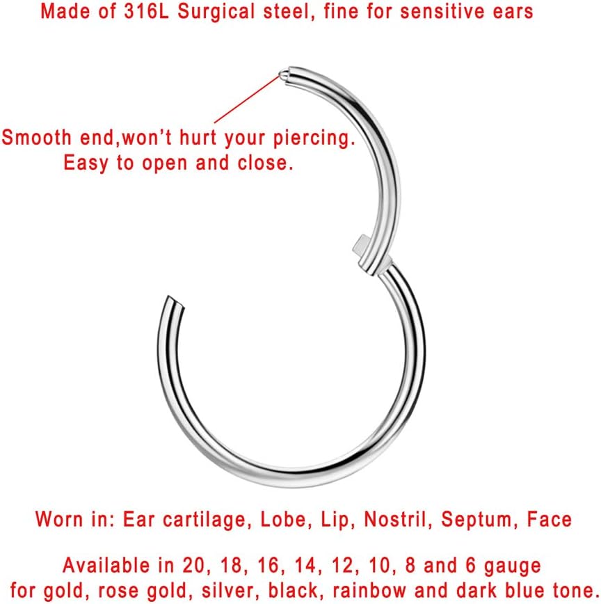 Men Women 316L Surgical Steel Hinged Nose Rings Hoop for Nostril Septum Cartilage Helix Daith Tragus Rook Conch Lip Ear Lobe Piercings - Image 2