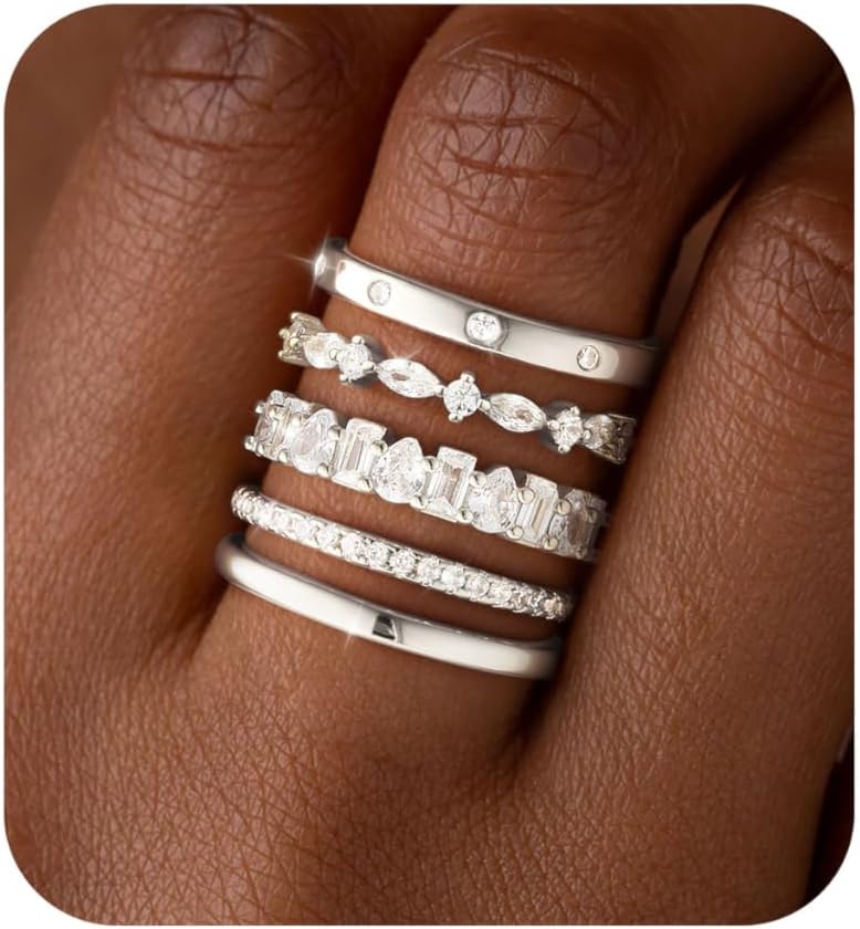 Stackable Gold Rings for Women Non Tarnish Dainty 14K Gold/Silver Plated Stacking Thumb Rings Cubic Zirconia Eternity Wedding Band Rings Gold Jewelry Size 6-10