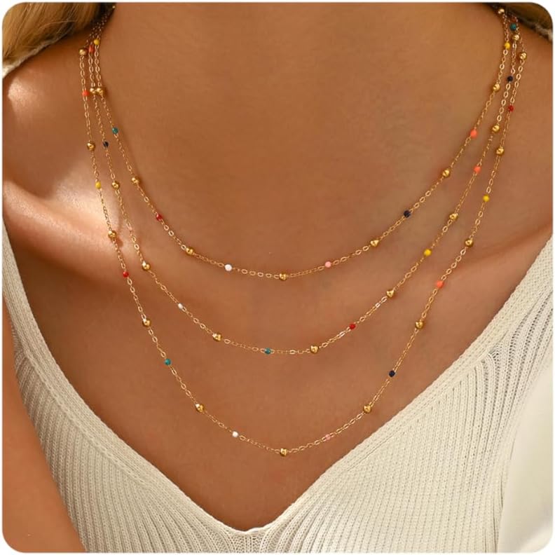 Gold Chain Necklace for Women Dainty 18K Gold Plated Thin Satellite Beaded Turquoise Necklace Simple Gold Boho Jewelry