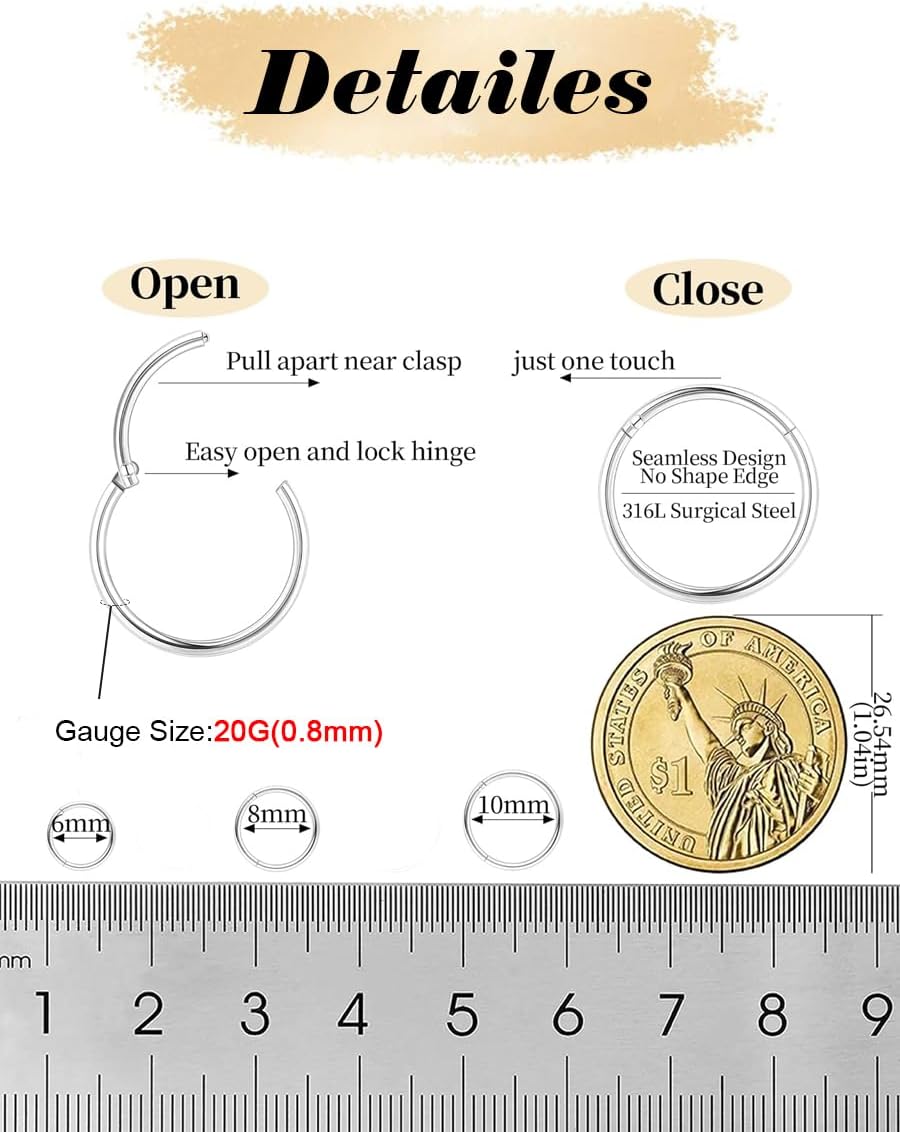 Nose Rings Hoops - Men Women 316L Surgical Steel Hinged Nose Rings Hoop for Nostril Septum Cartilage Helix Daith Tragus Rook Conch Lip Ear Lobe Piercings - Image 2