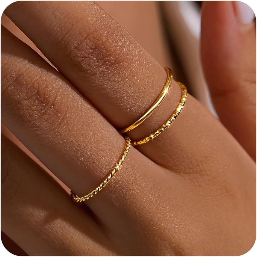 Gold Rings for Women Non Tarnish, Dainty 14K Gold Plated Stackable Thin Thumb Ring Set Trendy Pinky Wedding Bands Engagement Rings for Women Size 4 5 6 7 8 9 10 11