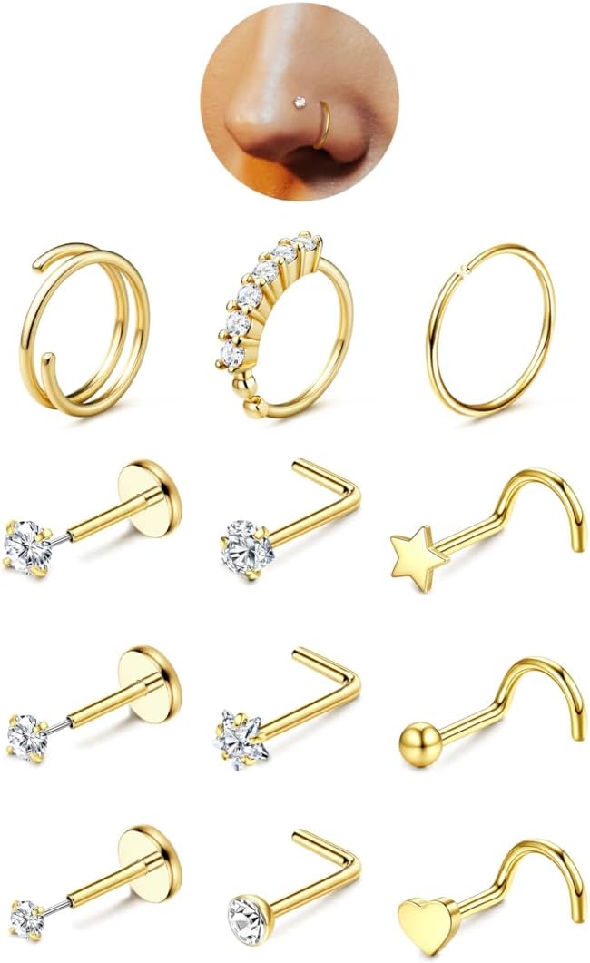 Nose Rings for Women - 14K Gold Filled Hypoallergenic Surgical Steel Nose Ring Hoops CZ Lip Ring Screw L Shaped Studs Threadless Flat Back Stud Nose Piercings Jewelry for Women Men