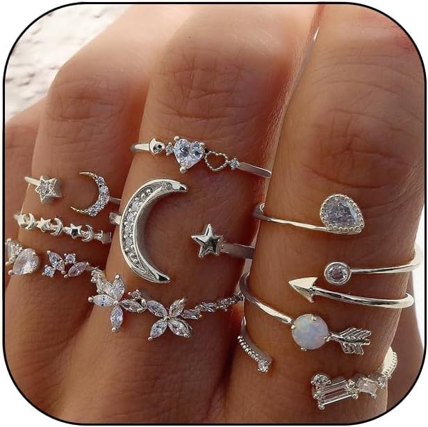 Dainty Silver Rings for Women Boho Stackable Star Moon Flower Silver Rings Set for Teens Vintage Crystal Knuckle Stacking Rings