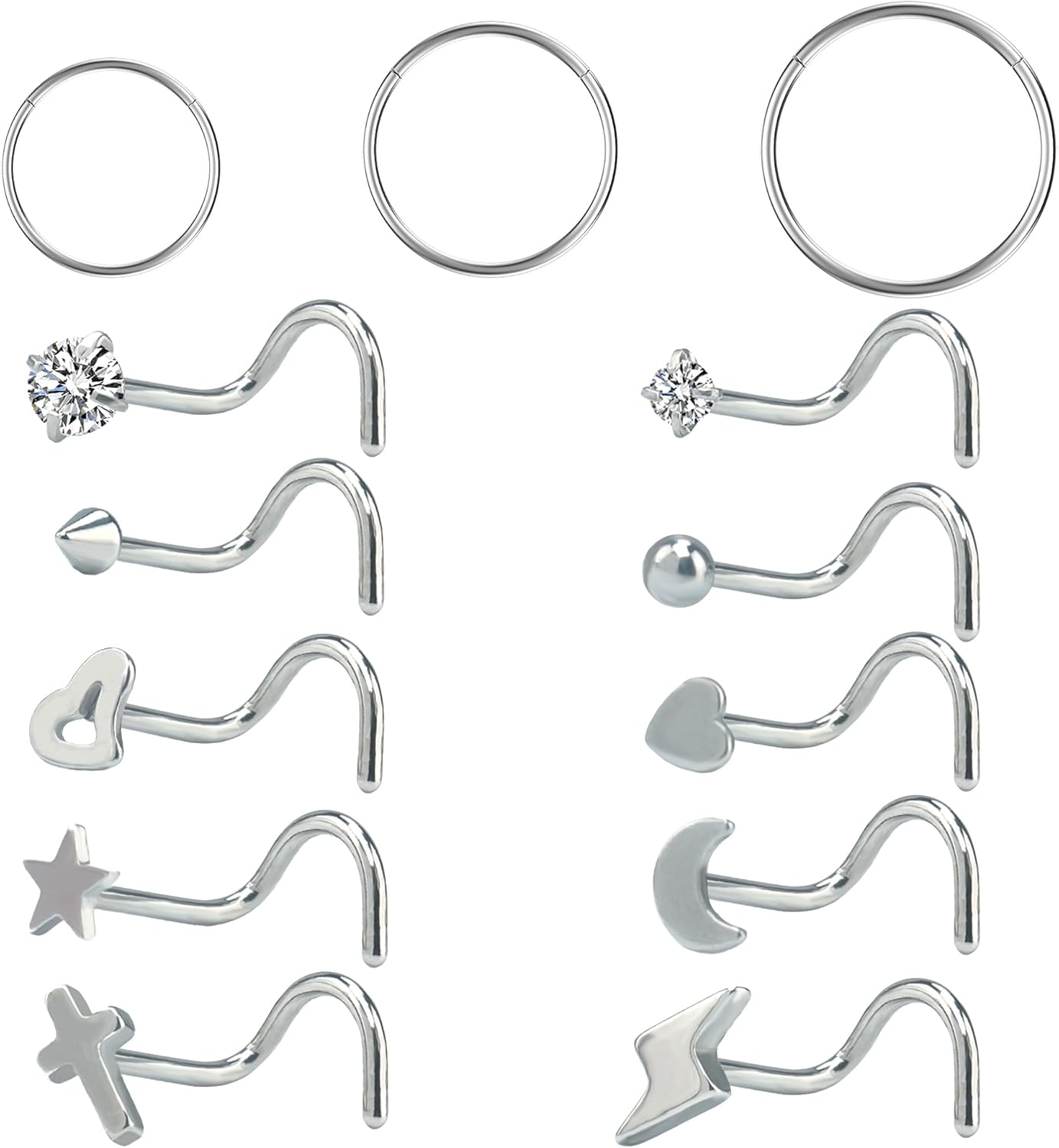 18G Hypoallergenic Surgical Steel Nose Rings For Women Men,14KGold Plated CZ Nose Piercing Jewelry Screw Shaped Studs and 6mm/8mm/10mm Hoop Nose Rings Lip Rings