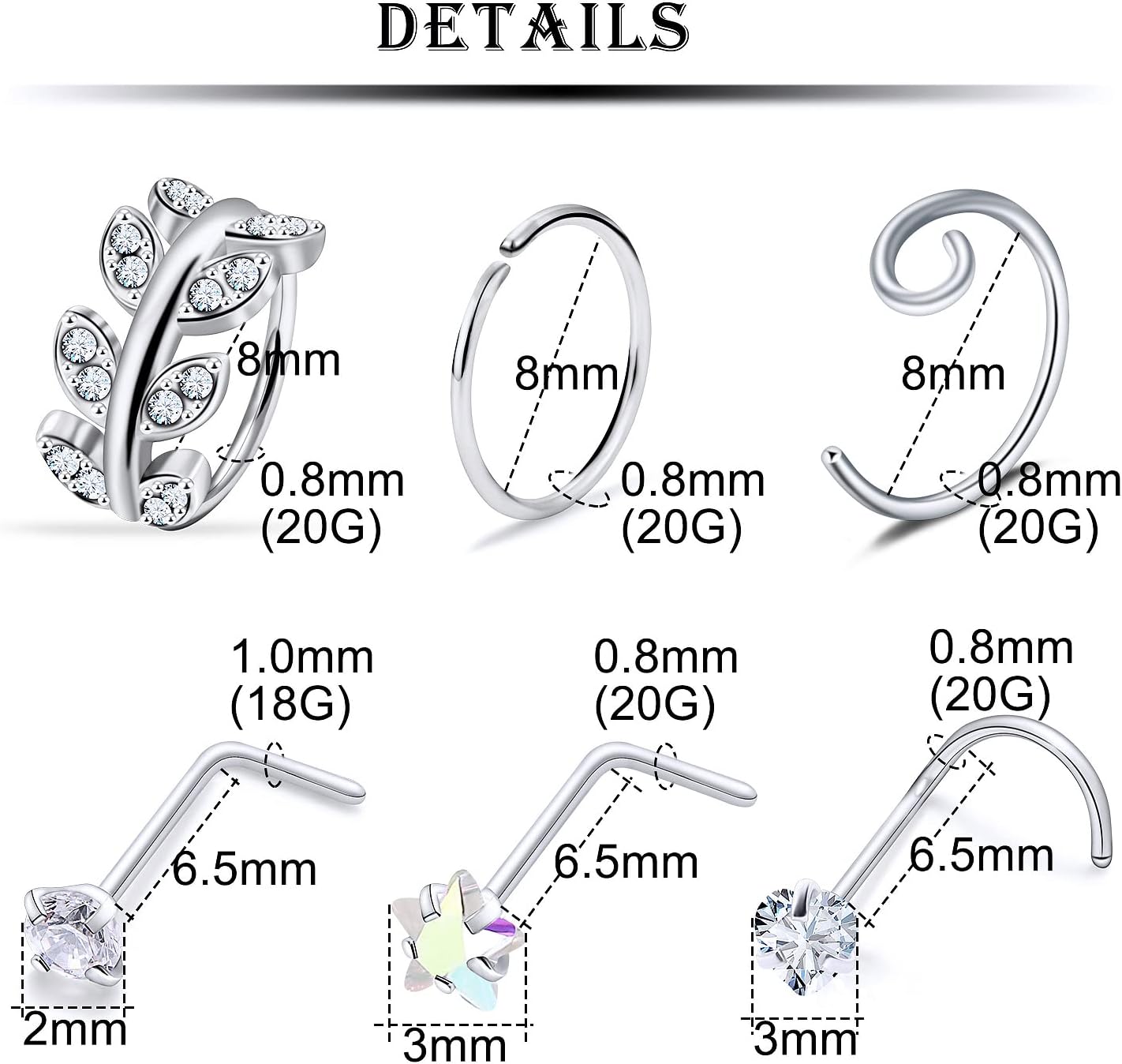 18G 20G Nose Rings Studs Hypoallergenic 316L Surgical Steel L Shaped Screw Nose Rings Hoops Silver Heart Star Diamond Nose Piercing Jewelry for Women Men 42pcs - Image 2