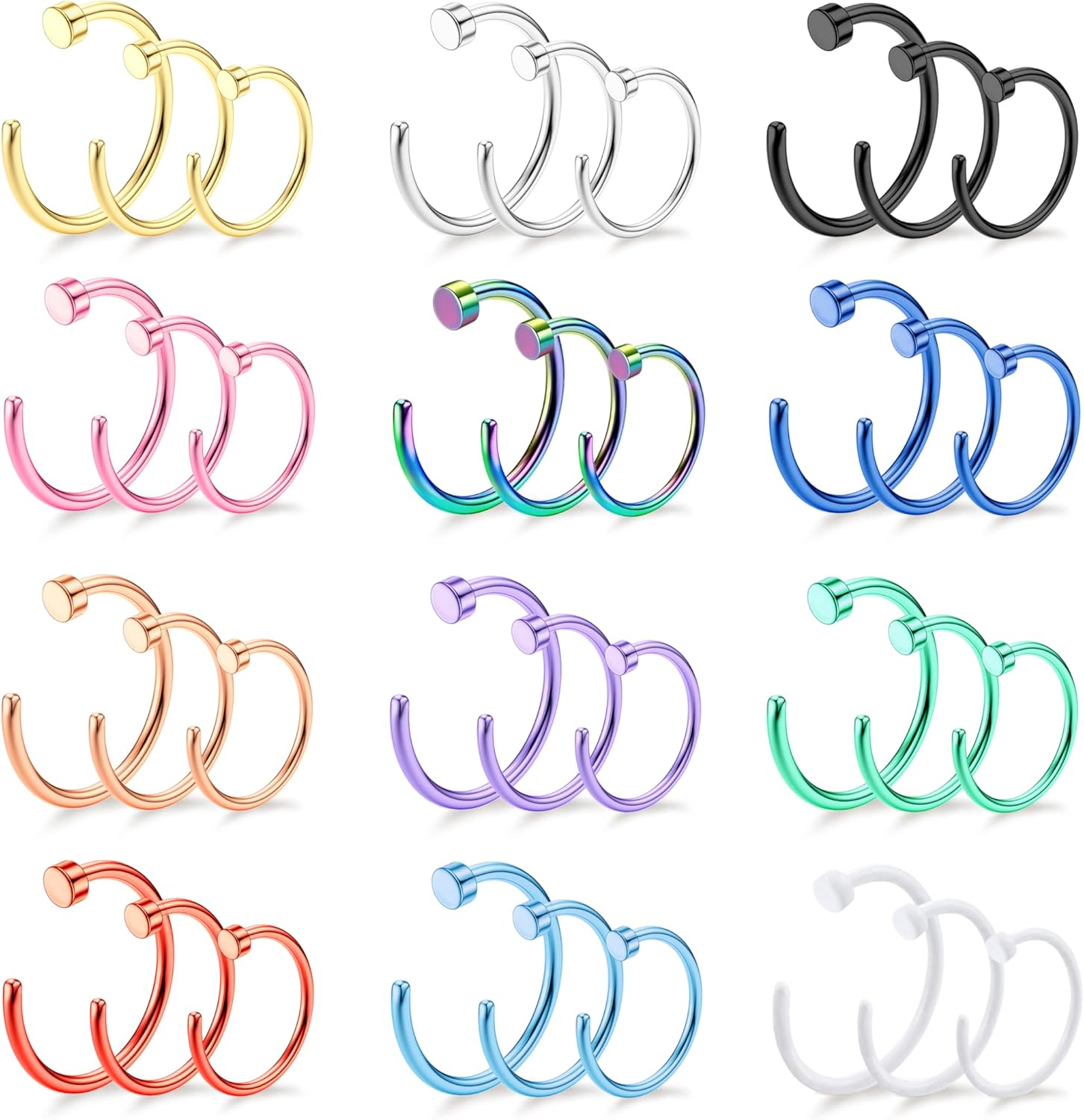 18/20/22G 36PCS 316L Stainless Steel Nose Rings Hoops Nose Piercing Jewelry for Women Men Colored Hoop Nose Ring 6mm 8mm 10mm 12mm