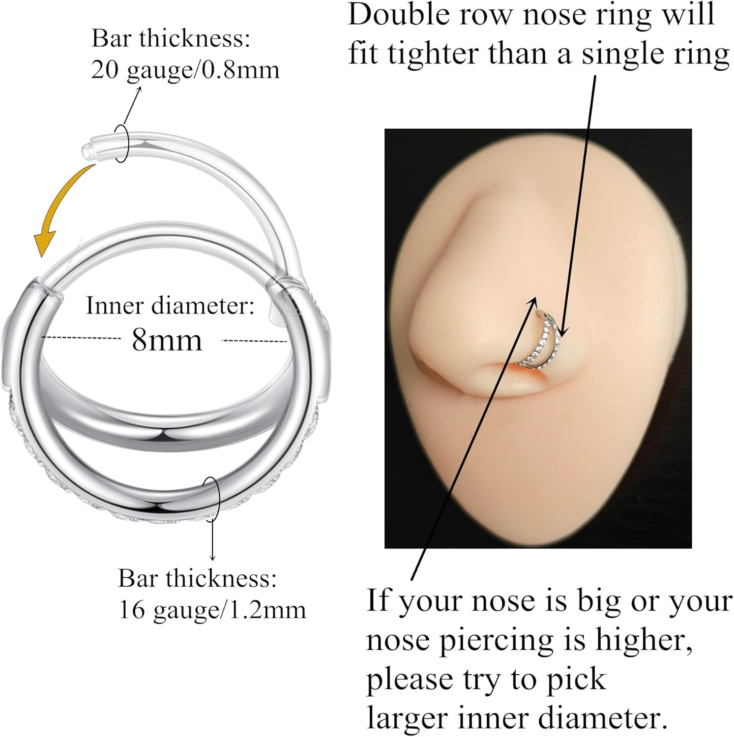 Double Open Stack CZ Nose Ring Hoop 316L Surgical Steel Helix Rook Conch Cartilage Daith Tragus Earrings Hinged Segment Nostril Piercing Septum Clicker 20G 18G 16G Lip Ring - Image 2