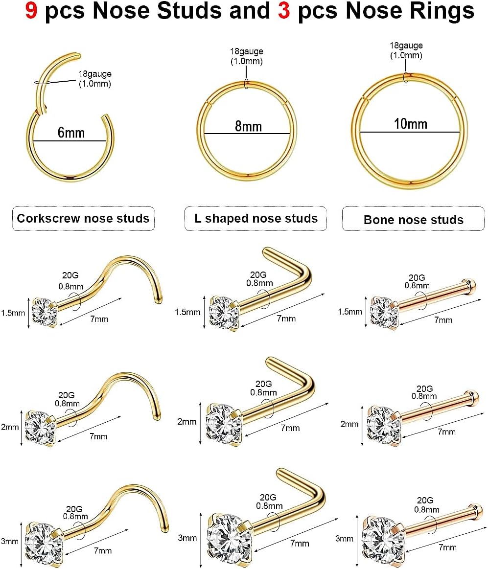 18g Nose Rings Hoop and 20g Nose Studs Sets for Women Men,Hypoallergenic 316L Surgical Stainless Steel Hinged Clicker Segment Nose Rings Hoop Helix Cartilage Daith Tragus Sleeper Earrings Silver Gold Black L Shape/Corkscrew/Straight Nose Studs Real Body Piercing Jewelry - Image 2