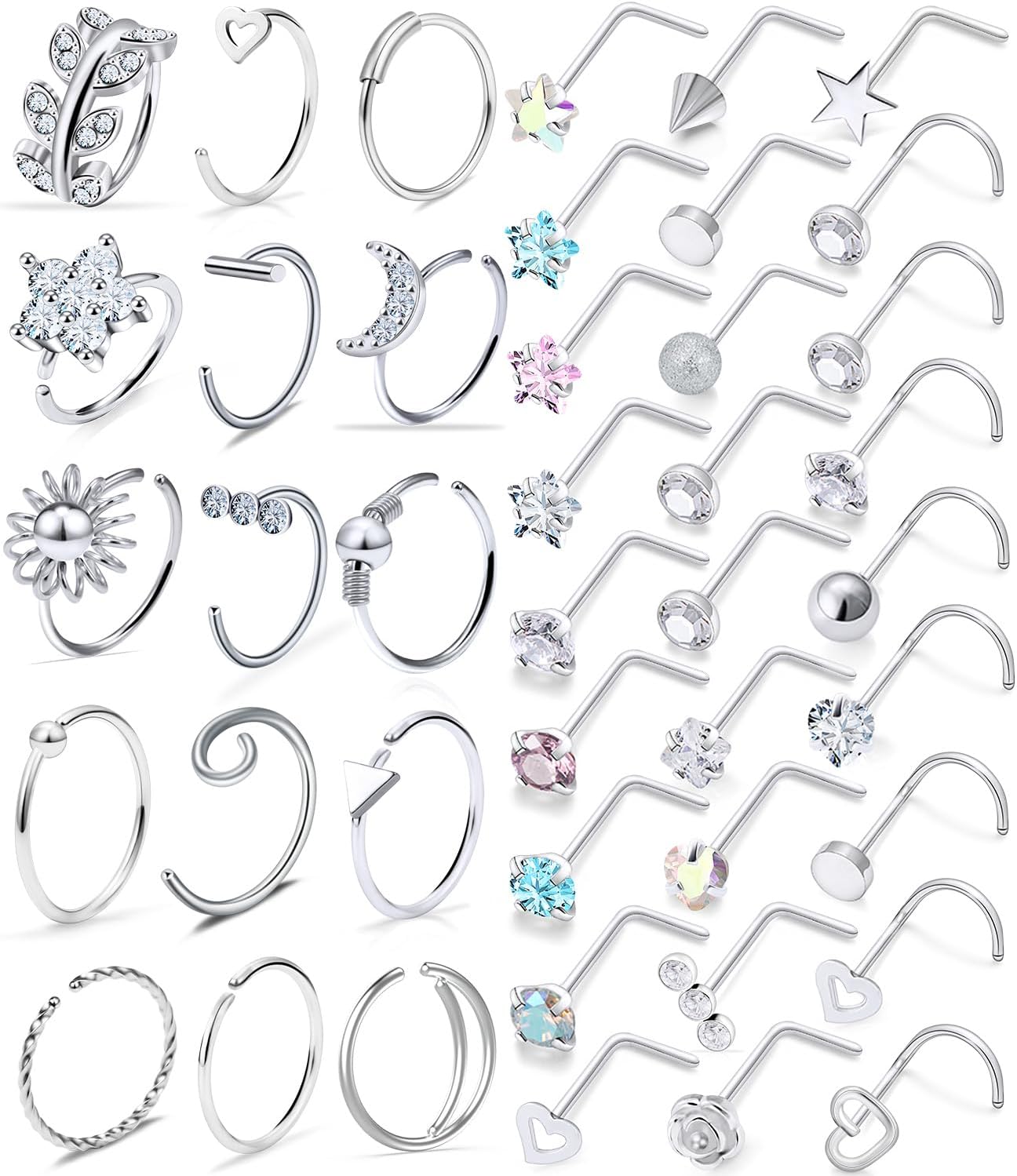 18G 20G Nose Rings Studs Hypoallergenic 316L Surgical Steel L Shaped Screw Nose Rings Hoops Silver Heart Star Diamond Nose Piercing Jewelry for Women Men 42pcs