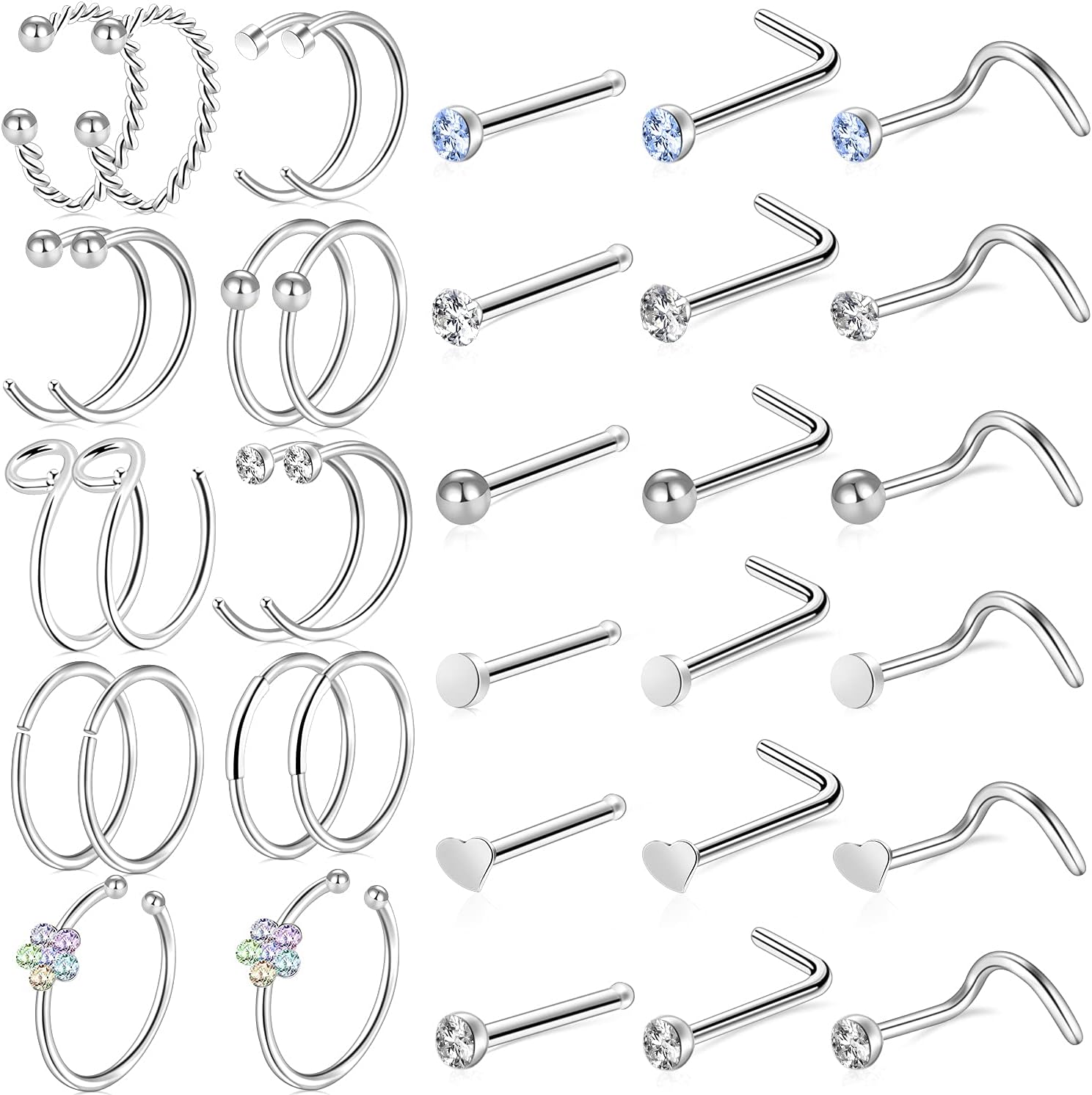 9-40 Pcs Nose Rings - Hoops, Studs & L Shape - Hypoallergenic Stainless Steel Nose Piercings for Women & Men