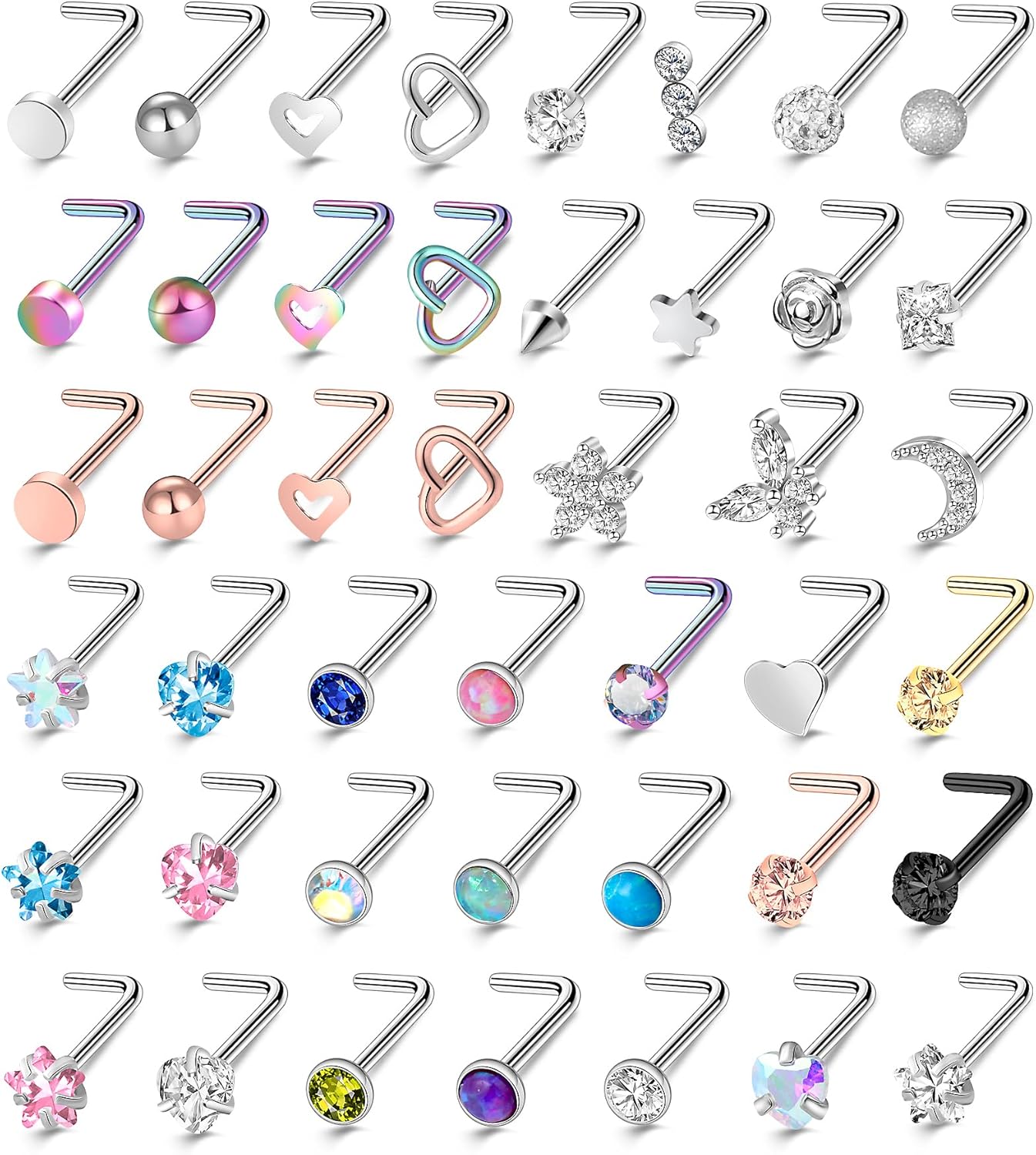36-44 Pcs 18G 20G Nose Rings Studs Nose Rings for Women Nose Piercings Jewelry Surgical Stainless Steel Nose Studs Moon Star Heart Butterfly Hypoallergenic Body Piercing Jewelry for Women Men