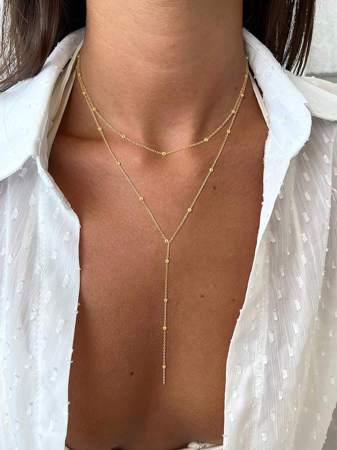 Gold Necklace for Women, Dainty Long Necklace 14k Gold Plated/Silver Y-Shaped Pendant Necklace Trendy Layered Cz Beaded Chain Drop Necklaces Simple Gold Jewelry For Women Gift - Image 2