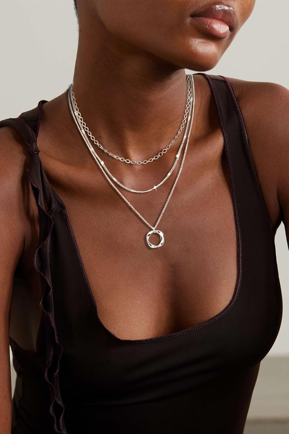 Layered Silver Necklaces for Women, Sterling Silver Stackable Stack Choker Necklaces for Women Trendy Layering Circle Pendant Chain Necklace Set Jewelry for Women - Image 2