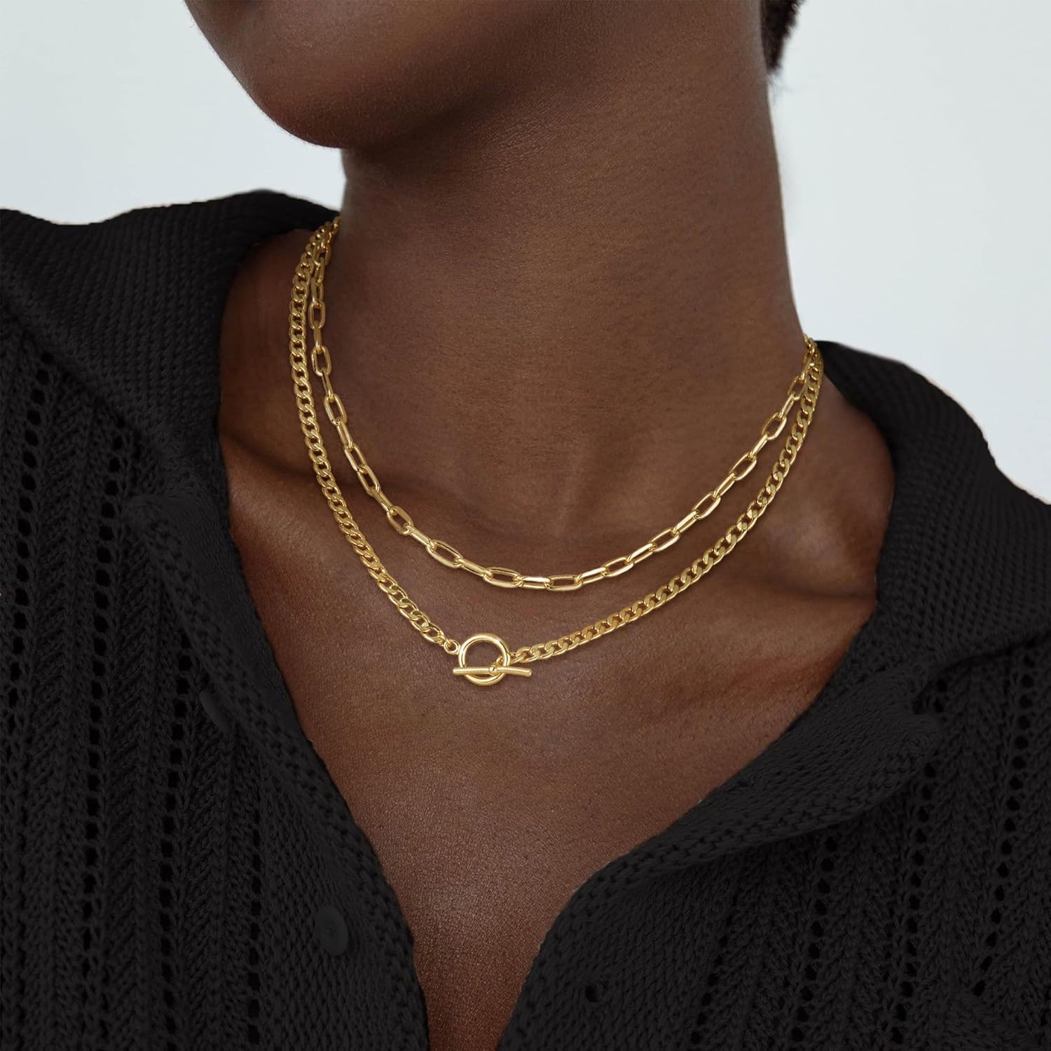 Gold Layered Necklaces for Women, 14K Gold Plated Chain Necklace Women Trendy Cuban Link Paperclip Chain Toggle Clasp Necklace Fashion Chunky Jewelry for Women - Image 2
